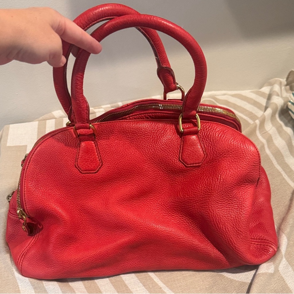J. Crew Red Two Handle Three Pocket Leather Handbag